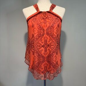 Sundance Womens Size 4 Coral 100% Silk Flowy Boho Print Sleeveless Blouse Lined